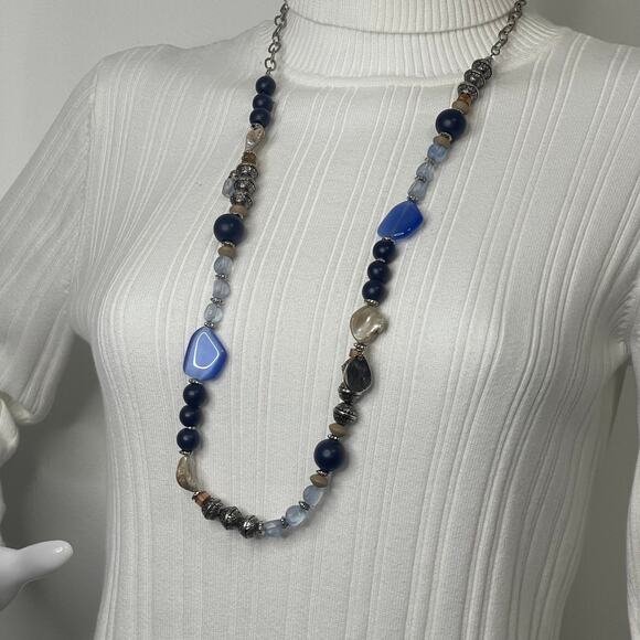 Chico's signed necklace long chunky chain link natural neutral blue tan boho - Picture 3 of 12